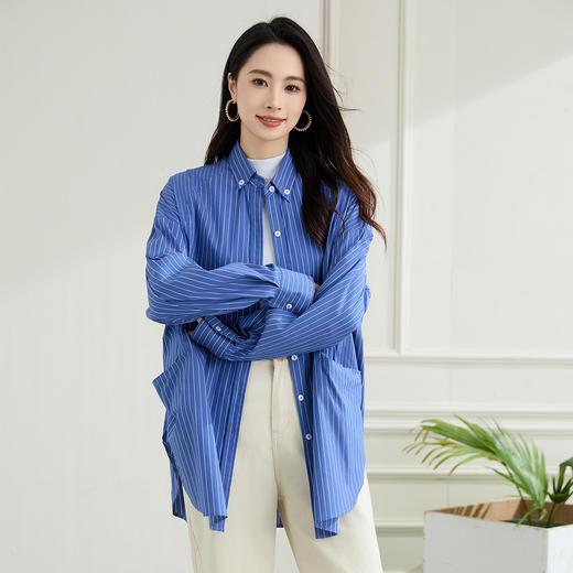 罗蒙春季蓝色条纹长袖衬衫女士宽松休闲百搭落肩版棉质衬衫外套女 商品图3