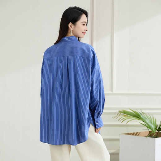 罗蒙春季蓝色条纹长袖衬衫女士宽松休闲百搭落肩版棉质衬衫外套女 商品图2