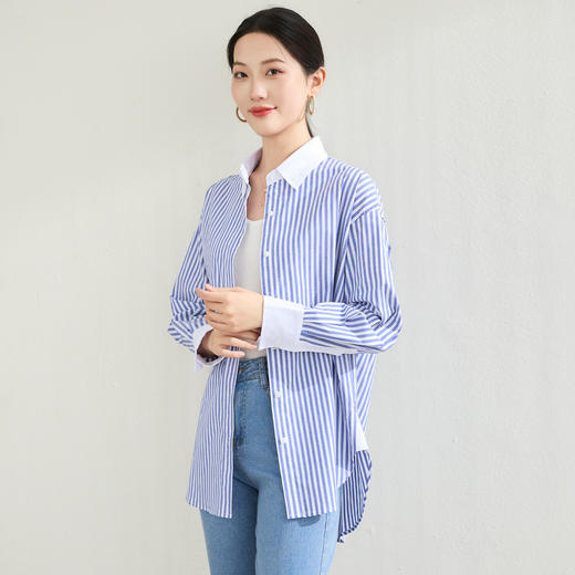 罗蒙春秋装拼色领蓝色条纹衬衫女士休闲通勤百搭纯棉微弹力衬衣外套女 商品图5