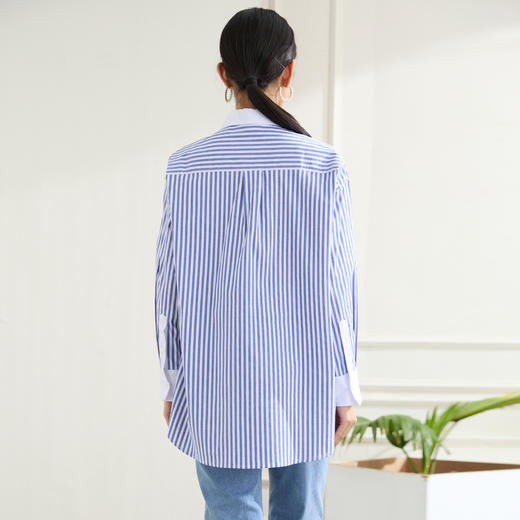 罗蒙春秋装拼色领蓝色条纹衬衫女士休闲通勤百搭纯棉微弹力衬衣外套女 商品图2