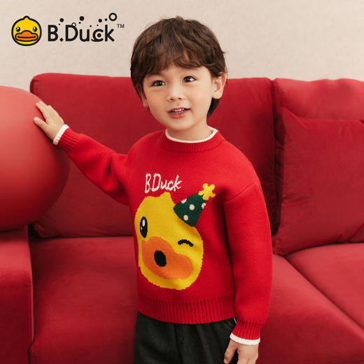 bduck小黄鸭童装男女童红色毛衣过年针织衫新年冬装儿童宝宝拜年服90-140 BF5512065 商品图0