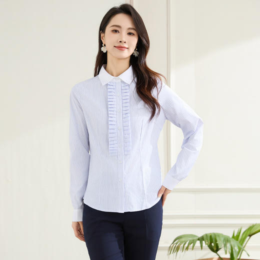 【优雅风琴褶】罗蒙春秋条纹长袖衬衫女士商务通勤职业装拼色领气质衬衣女 商品图3