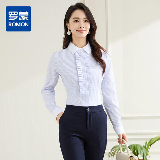 【优雅风琴褶】罗蒙春秋条纹长袖衬衫女士商务通勤职业装拼色领气质衬衣女 商品图0