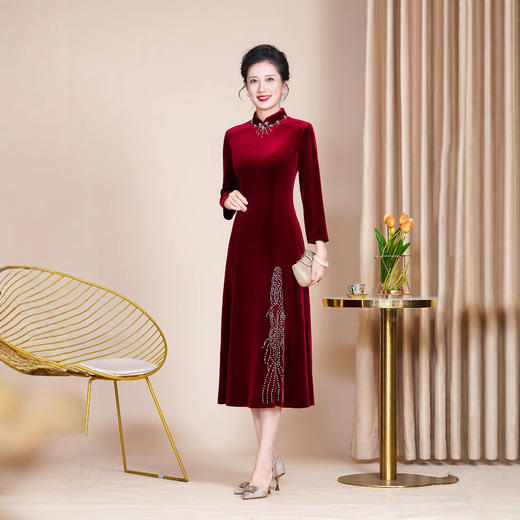 DNO-4G3501-1电商平台爆款丝绒旗袍修身年轻宴会大码连衣裙 商品图0