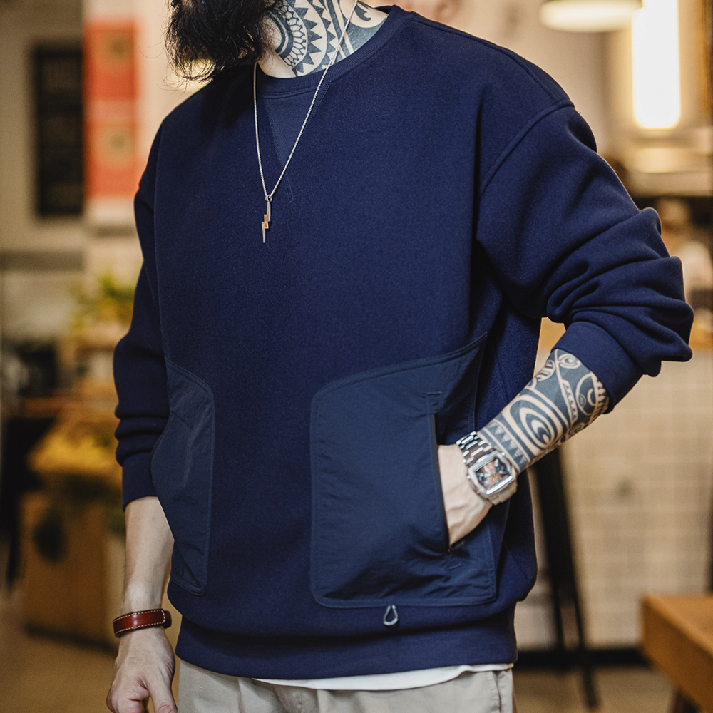 工装优选美式复古重磅毛呢卫衣宽松保暖拼接口袋圆领上衣男秋冬季