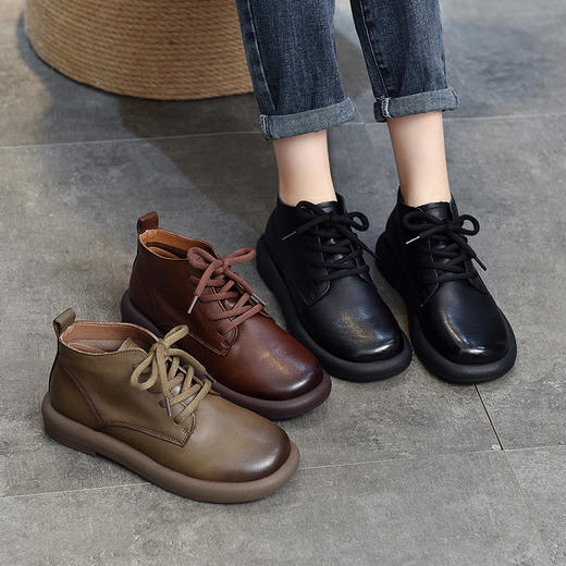 T75618-1头层牛皮短靴女圆头平跟软皮2024秋冬复古百搭单靴系带马丁靴 商品图0