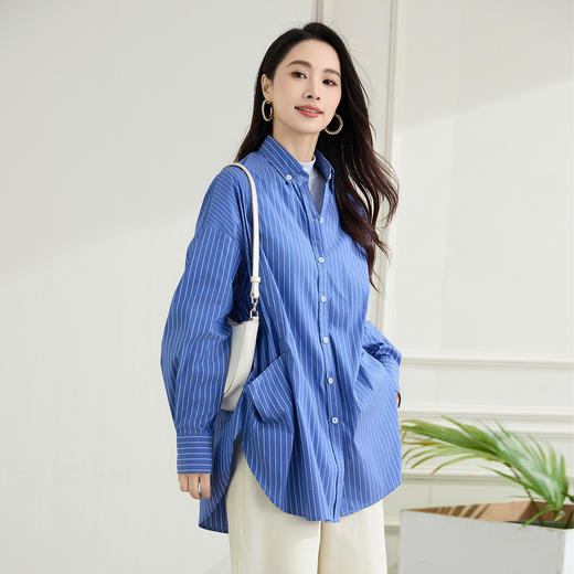 罗蒙春季蓝色条纹长袖衬衫女士宽松休闲百搭落肩版棉质衬衫外套女 商品图5