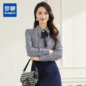 【100棉&精致领带】罗蒙春秋花边门襟长袖衬衫女士休闲职业通勤格子衬衣
