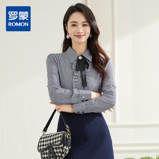 【100棉&精致领带】罗蒙春秋花边门襟长袖衬衫女士休闲职业通勤格子衬衣 商品图0