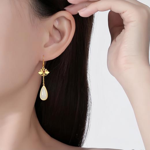 1117售罄下架|【若水·敦煌天然和田玉莲花银镀金耳坠】和田玉水滴耳钩古法金长款红玛瑙点缀耳环仙气十足 商品图8