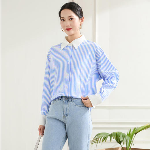 罗蒙春秋蓝色条纹长袖衬衫女士商务休通勤百搭拼色领衬衣女 商品图3