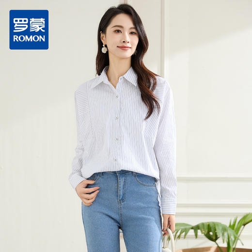 罗蒙春秋条纹长袖衬衫女士休闲百搭商务通勤棉质衬衣外套 商品图0
