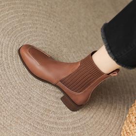 【预售5天】法式弹力袜靴女粗跟气质针织方头短靴新款拼接杏色中跟靴子DPJ&9671