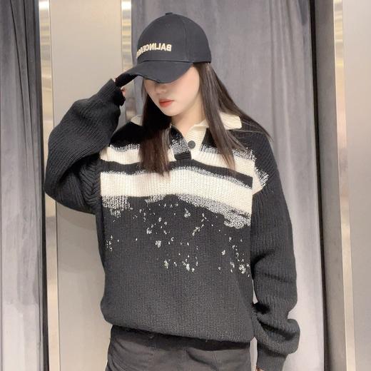 NZ3翻领拼色条纹甩点长袖毛织衫（黑） 冬季 144130030321 商品图4