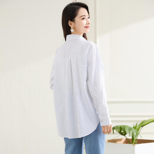 罗蒙春秋条纹长袖衬衫女士休闲百搭商务通勤棉质衬衣外套 商品图2