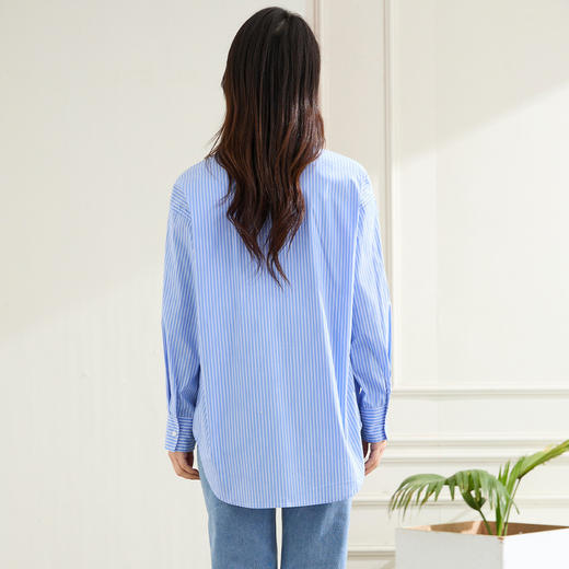 罗蒙春秋蓝色条纹长袖衬衫女士休闲百搭前胸口袋刺绣衬衣外套女 商品图1