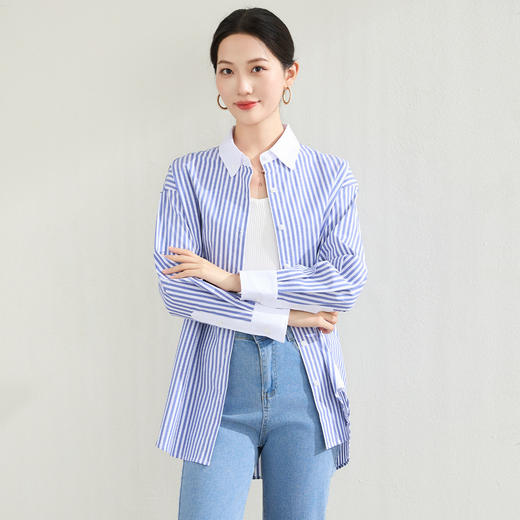 罗蒙春秋装拼色领蓝色条纹衬衫女士休闲通勤百搭纯棉微弹力衬衣外套女 商品图7