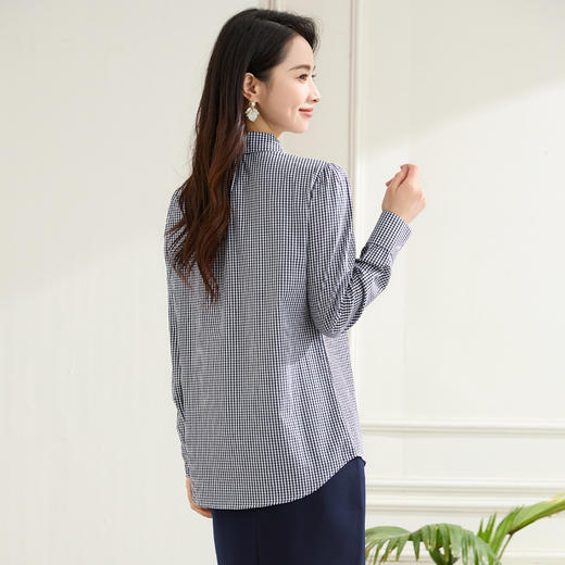 【100棉&精致领带】罗蒙春秋花边门襟长袖衬衫女士休闲职业通勤格子衬衣 商品图1