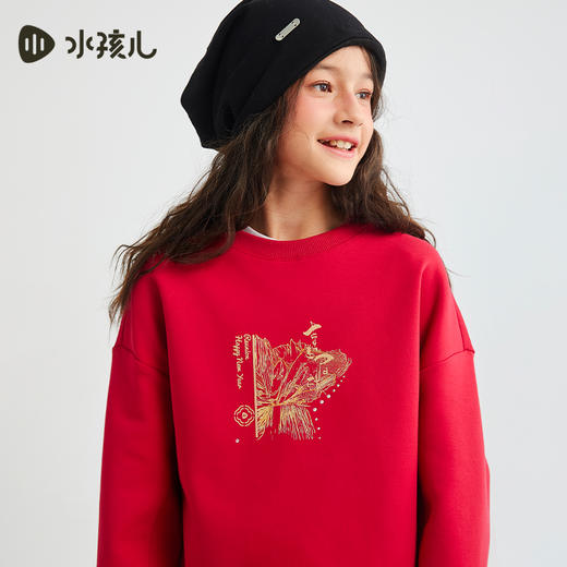 水孩儿童装女童卫衣中大童上衣运动休闲红色新年保暖圆领弹性时尚宽松 商品图3