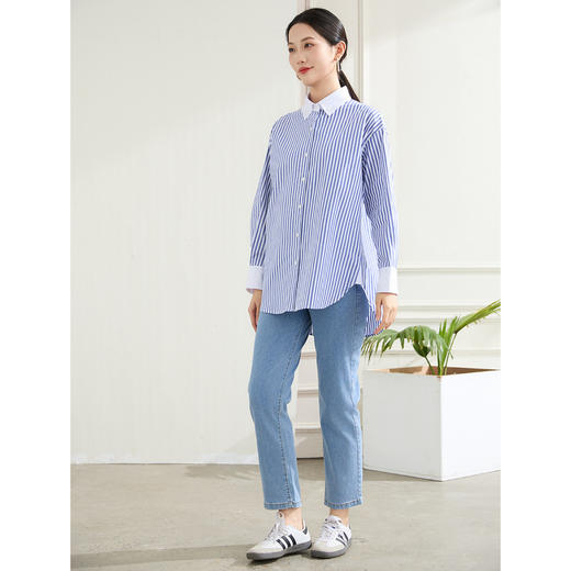 罗蒙春秋装拼色领蓝色条纹衬衫女士休闲通勤百搭纯棉微弹力衬衣外套女 商品图3