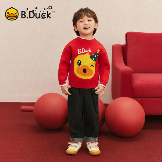 bduck小黄鸭童装男女童红色毛衣过年针织衫新年冬装儿童宝宝拜年服90-140 BF5512065 商品图2
