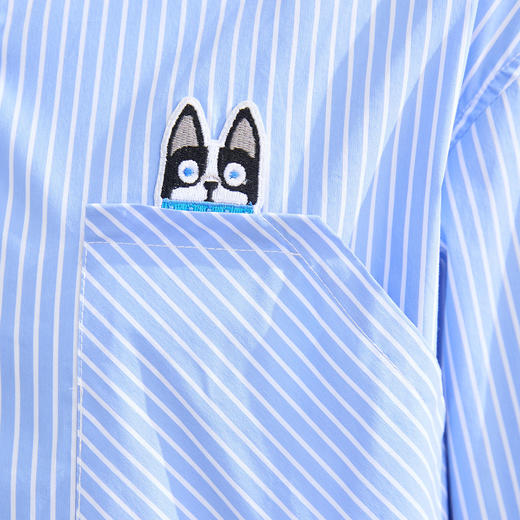 罗蒙春秋蓝色条纹长袖衬衫女士休闲百搭前胸口袋刺绣衬衣外套女 商品图3