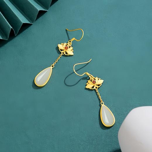 1117售罄下架|【若水·敦煌天然和田玉莲花银镀金耳坠】和田玉水滴耳钩古法金长款红玛瑙点缀耳环仙气十足 商品图5