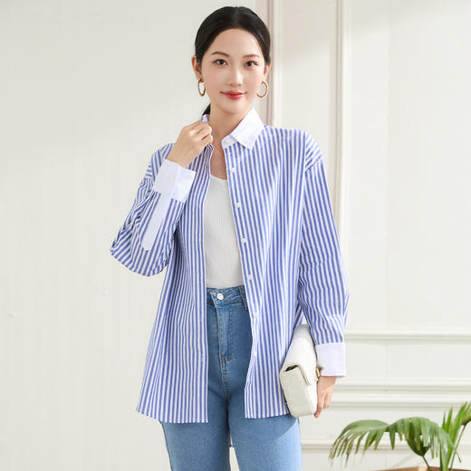 罗蒙春秋装拼色领蓝色条纹衬衫女士休闲通勤百搭纯棉微弹力衬衣外套女 商品图4