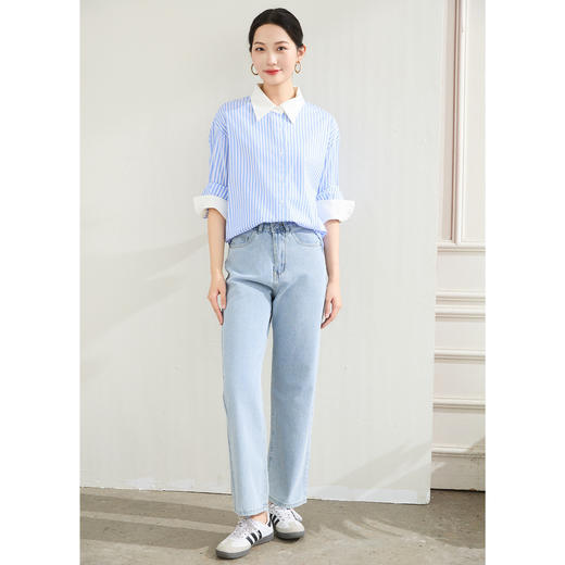 罗蒙春秋蓝色条纹长袖衬衫女士商务休通勤百搭拼色领衬衣女 商品图6