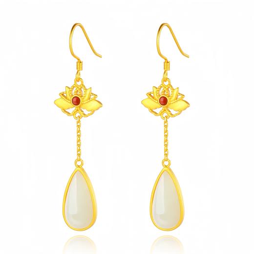 1117售罄下架|【若水·敦煌天然和田玉莲花银镀金耳坠】和田玉水滴耳钩古法金长款红玛瑙点缀耳环仙气十足 商品图7