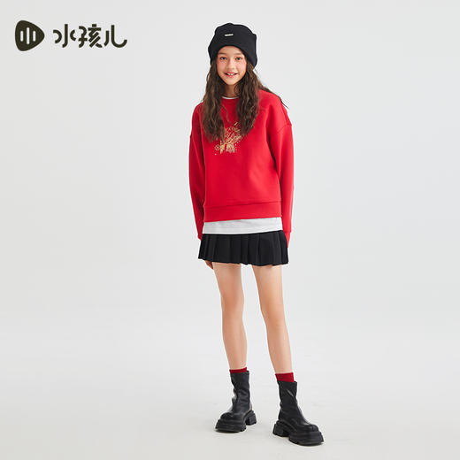 水孩儿童装女童卫衣中大童上衣运动休闲红色新年保暖圆领弹性时尚宽松 商品图4