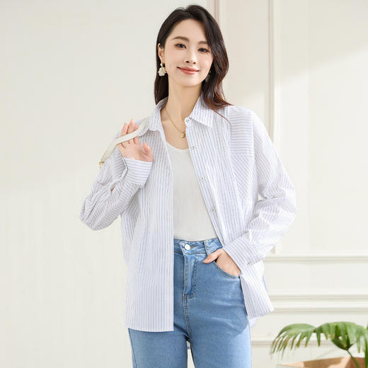 罗蒙春秋条纹长袖衬衫女士休闲百搭商务通勤棉质衬衣外套 商品图4