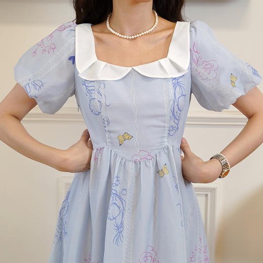 两三事梵高文艺晨风栖谷2024夏新款甜美泡泡袖拼色翻领印花连衣裙 商品图4