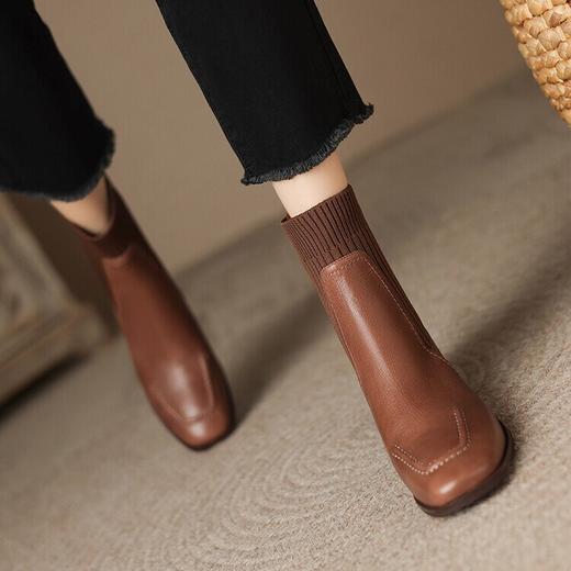 【预售5天】法式弹力袜靴女粗跟气质针织方头短靴新款拼接杏色中跟靴子DPJ&9671 商品图3