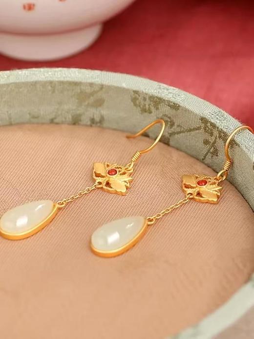 1117售罄下架|【若水·敦煌天然和田玉莲花银镀金耳坠】和田玉水滴耳钩古法金长款红玛瑙点缀耳环仙气十足 商品图3