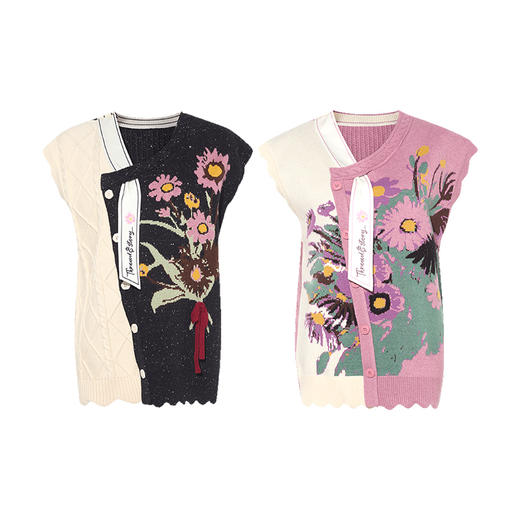 两三事 半梦花醒 2025春季新款拼色花卉图案领带装饰无袖针织衫女 商品图4