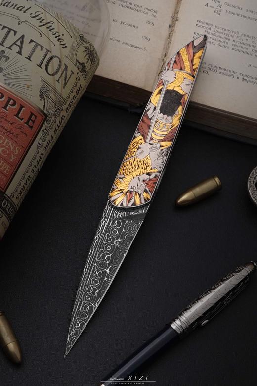 三希堂  现代刀系列  亚述之王雕金小折  未开刃 商品图1