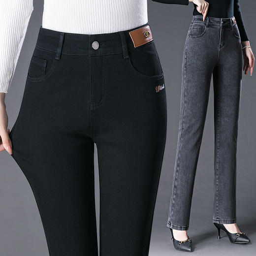 DY3511 2024秋季新款高腰牛仔裤女小直筒长裤弹力显瘦烟灰色妈妈中年女裤 商品图0