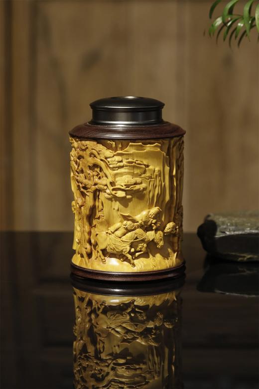 东山报捷°黄杨木雕茶叶罐 商品图0