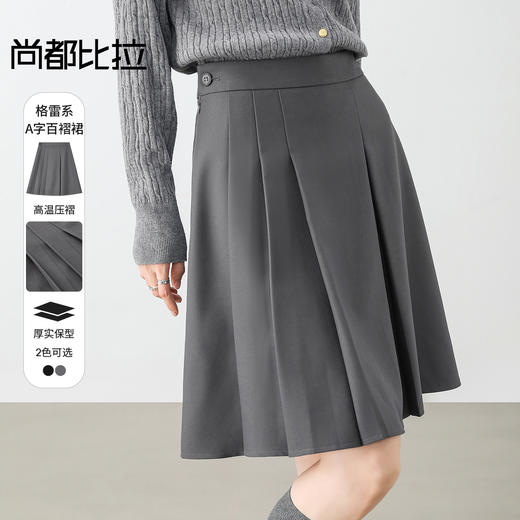 【内购】显瘦显腿长格雷系职场通勤自然腰A字百褶短裙-151Q58683 商品图0