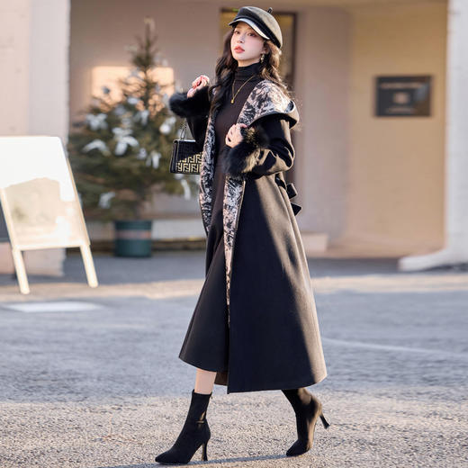 提花连帽毛呢羽绒大衣，中长款收腰系带轻奢外套YJLY8506A 商品图2