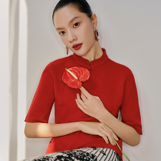 东黎 • 山羊绒 女士秋冬 新中式气质中国风红色短袖 3548 商品图6
