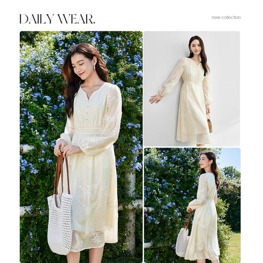 【内购】尚都比拉专机花卉刺绣肌理感V型圆领珠扣装饰收腰泡泡袖A字中长连衣裙-58303 商品图3