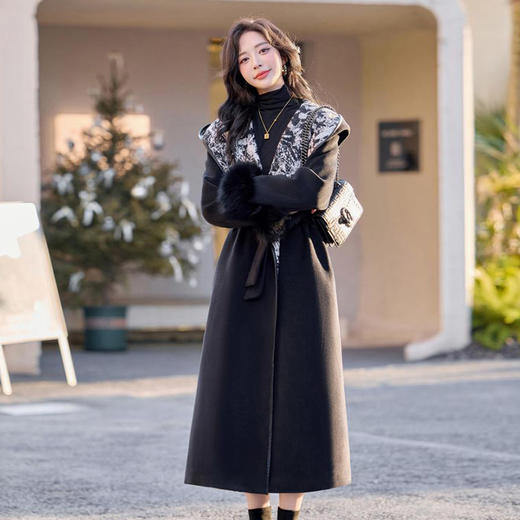 提花连帽毛呢羽绒大衣，中长款收腰系带轻奢外套YJLY8506A 商品图0