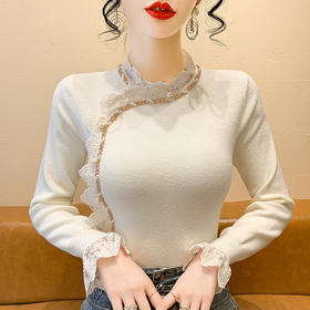 SMZ33728半高领钉珠蕾丝拼接针织衫毛衣女2024冬新款修身内搭长袖打底上衣