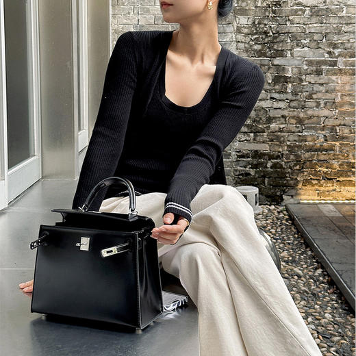 【顺丰包邮】40836 洛诗琳简约羊毛混纺罗纹V领长袖拼色针织开衫165 商品图2