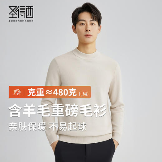 【含羊毛】圣得西男士罗纹半高领毛衫年冬季百搭加厚上衣 商品图0