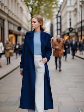 微落肩双排扣气质超长款双面手工腰带大衣