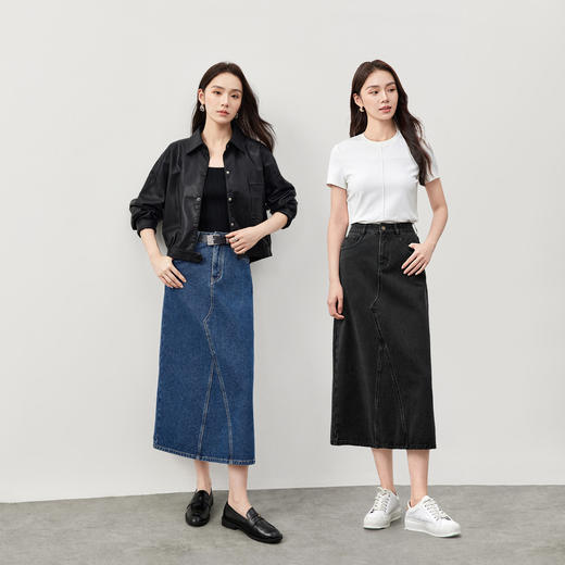 【内购】活力丹宁水洗再生纤维亚麻解构分割下摆开衩显瘦A字牛仔半裙-W51Q58715 商品图3