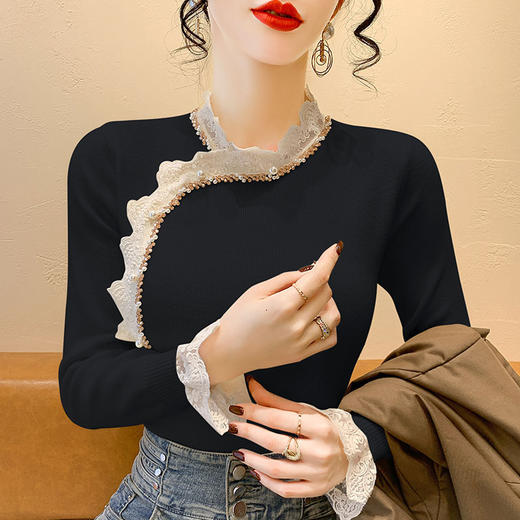 SMZ33728半高领钉珠蕾丝拼接针织衫毛衣女2024冬新款修身内搭长袖打底上衣 商品图2